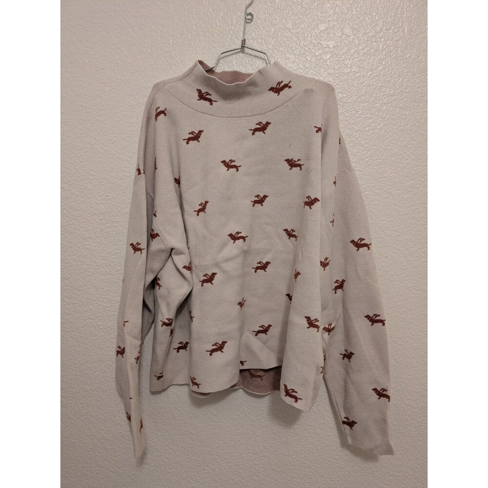 Anthropologie Maeve Carys Dachshund Sweater XL Ivory Mock Neck Dog Print